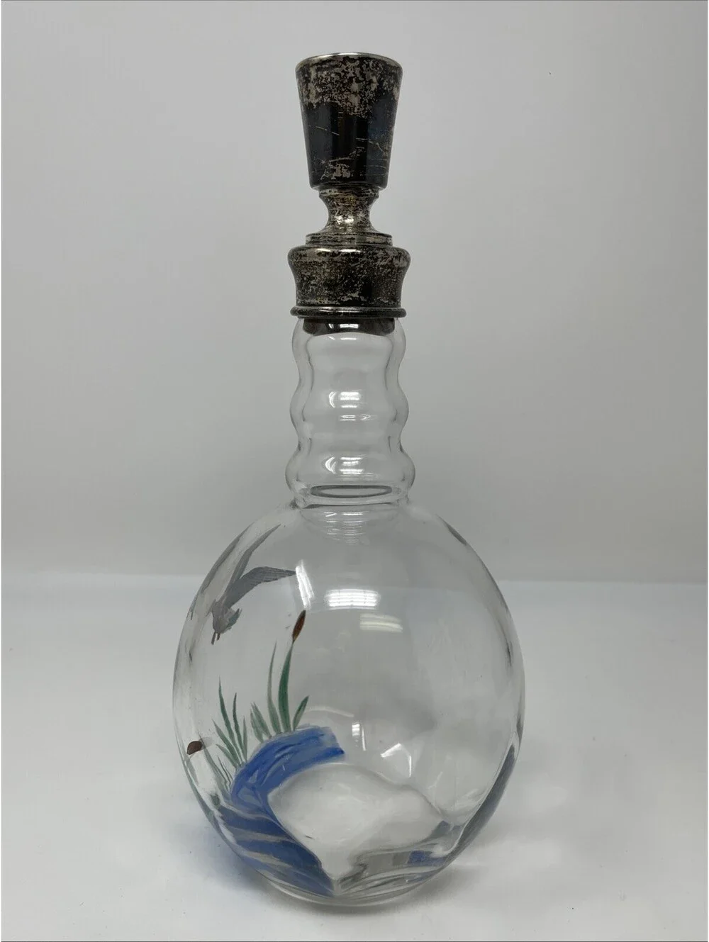 Vintage Hand Painted Mallard Duck Glass Decanter with Decorative Stopper